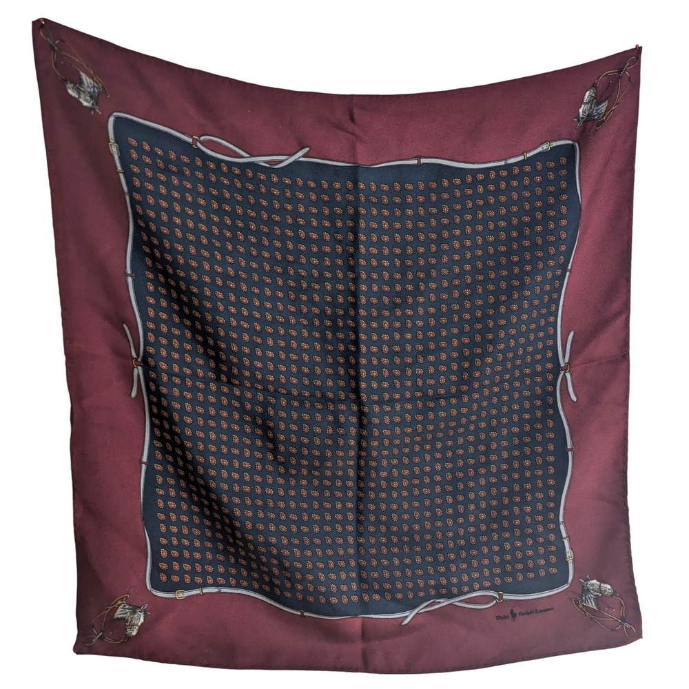 Vintage Polo Ralph Lauren Silk Pocket Square Scarf Burgundy Navy Equestrian RL